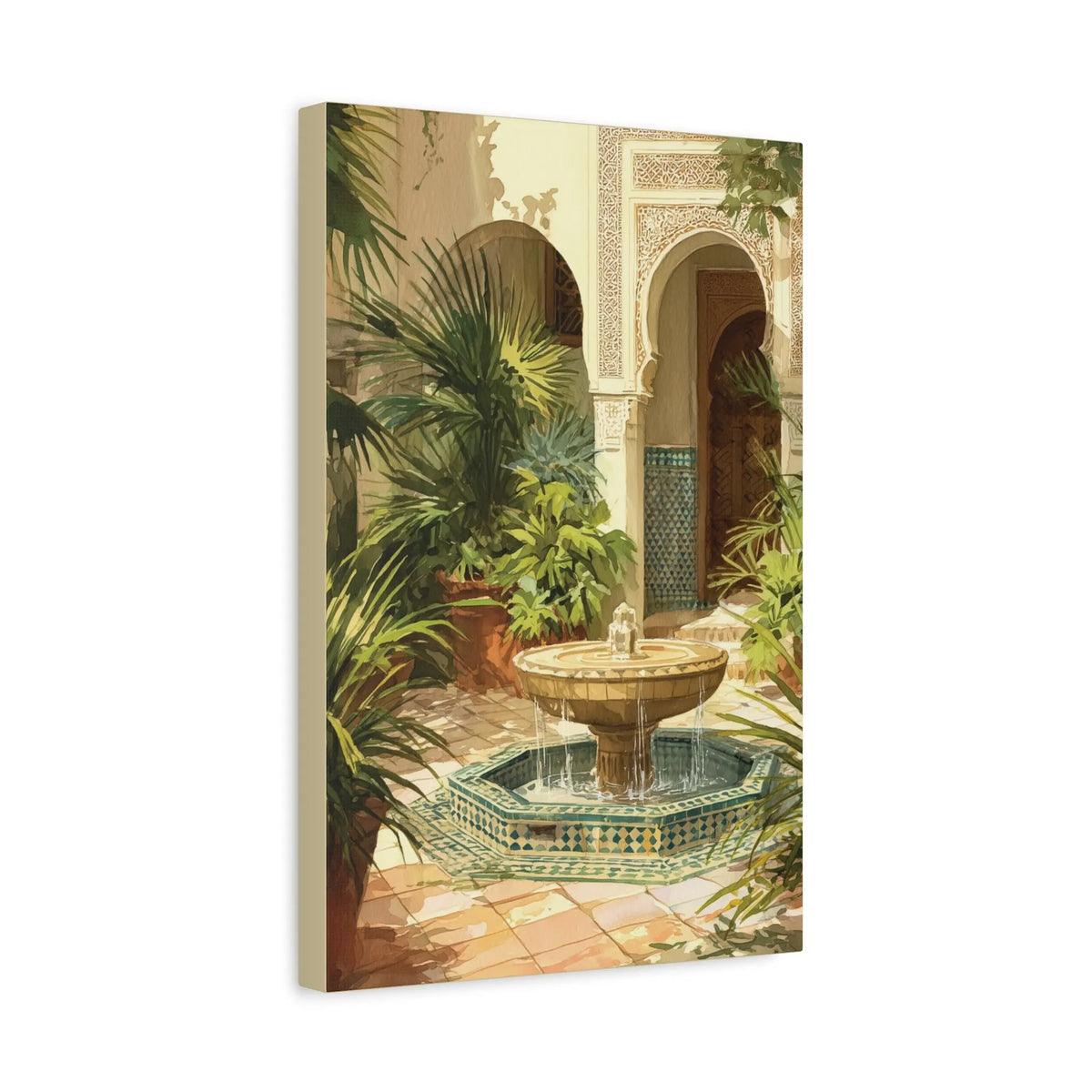Moroccan Courtyard Fountain Canvas Art - Sunlit Riad Wall Decor - SZHeritage