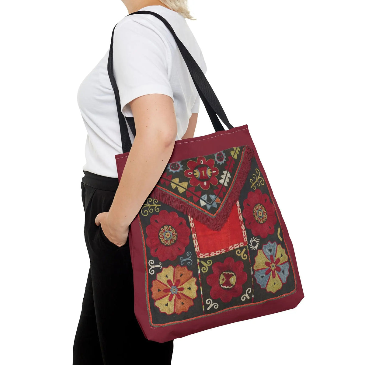 Deep Red  Floral Suzani Tote Bag – Vintage Ethnic Folk Art Print – Bohemian Artisan Shoulder Bag – Aesthetic Reusable Canvas of Tradition Printify