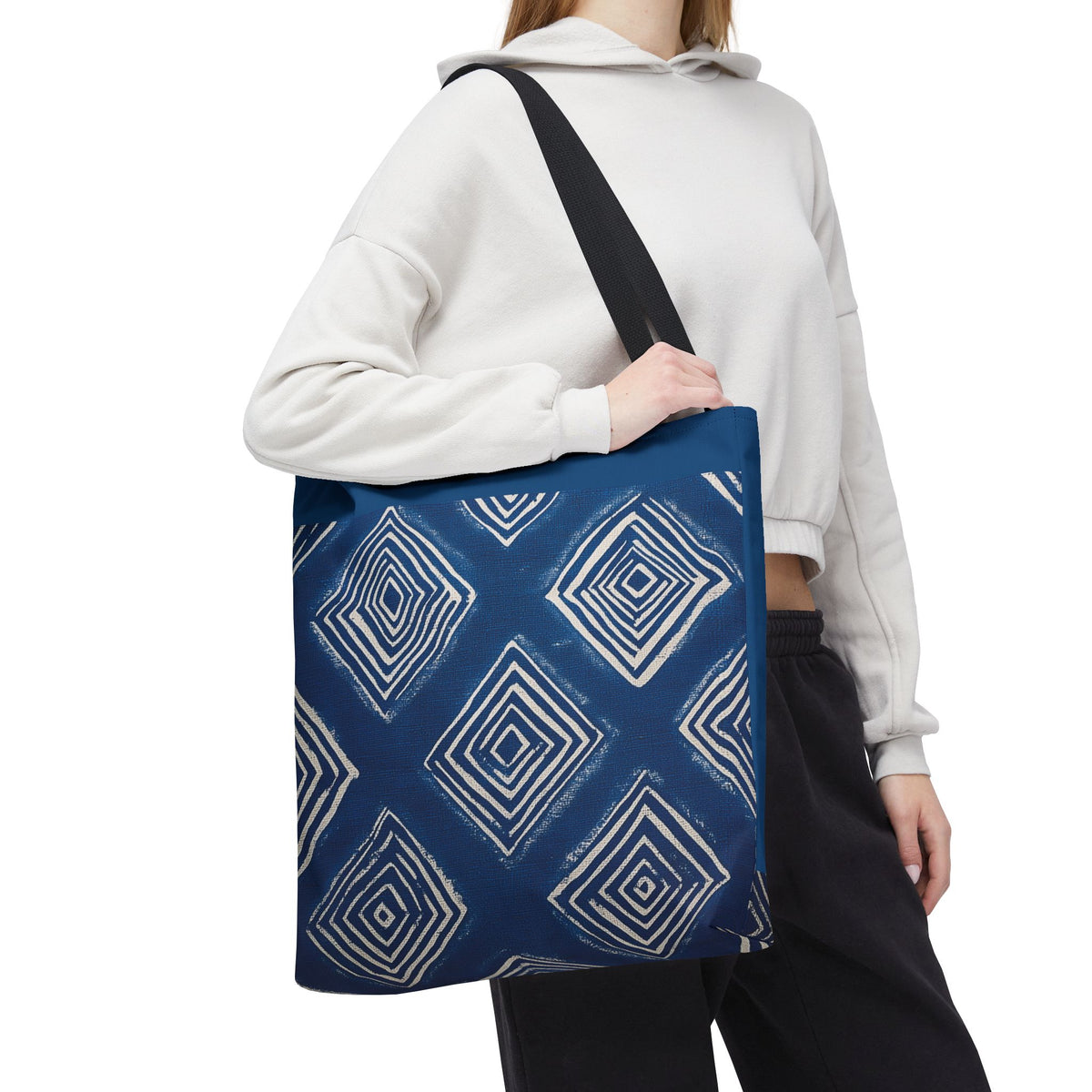 Indigo Geometric Tote Bag – Hand-Dyed Shibori Design – Blue &amp; White Japanese Pattern Reusable Canvas Bag – Bohemian Artisan Shoulder Bag