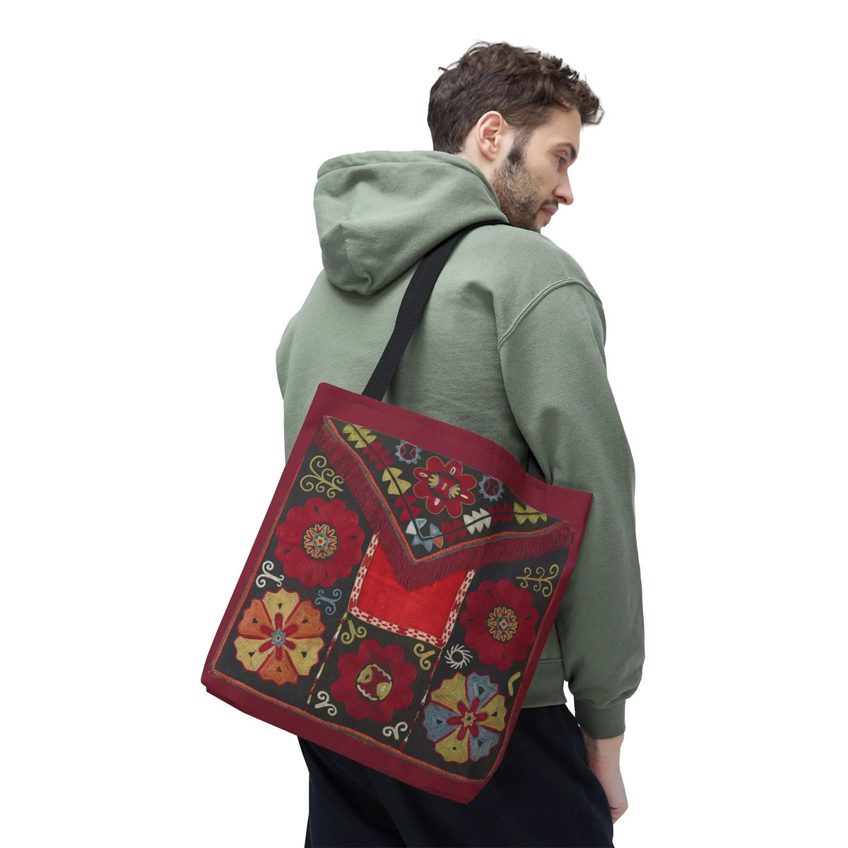 Deep Red  Floral Suzani Tote Bag – Vintage Ethnic Folk Art Print – Bohemian Artisan Shoulder Bag – Aesthetic Reusable Canvas of Tradition Printify