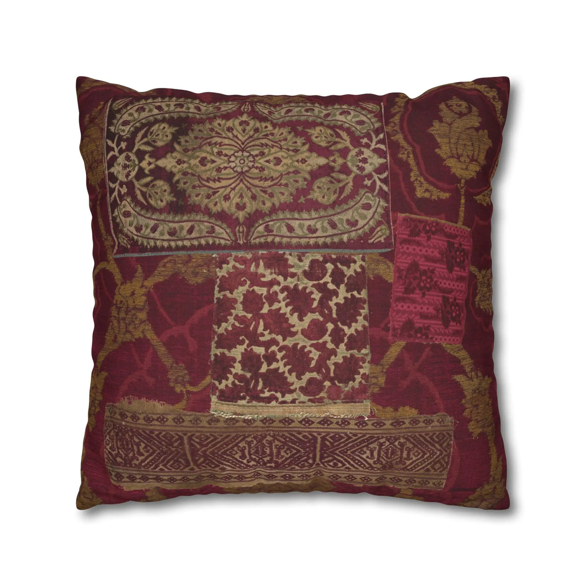 Vintage Patchwork Cushion Cover - Burgundy Gold Boho Throw Pillow - SZHeritage