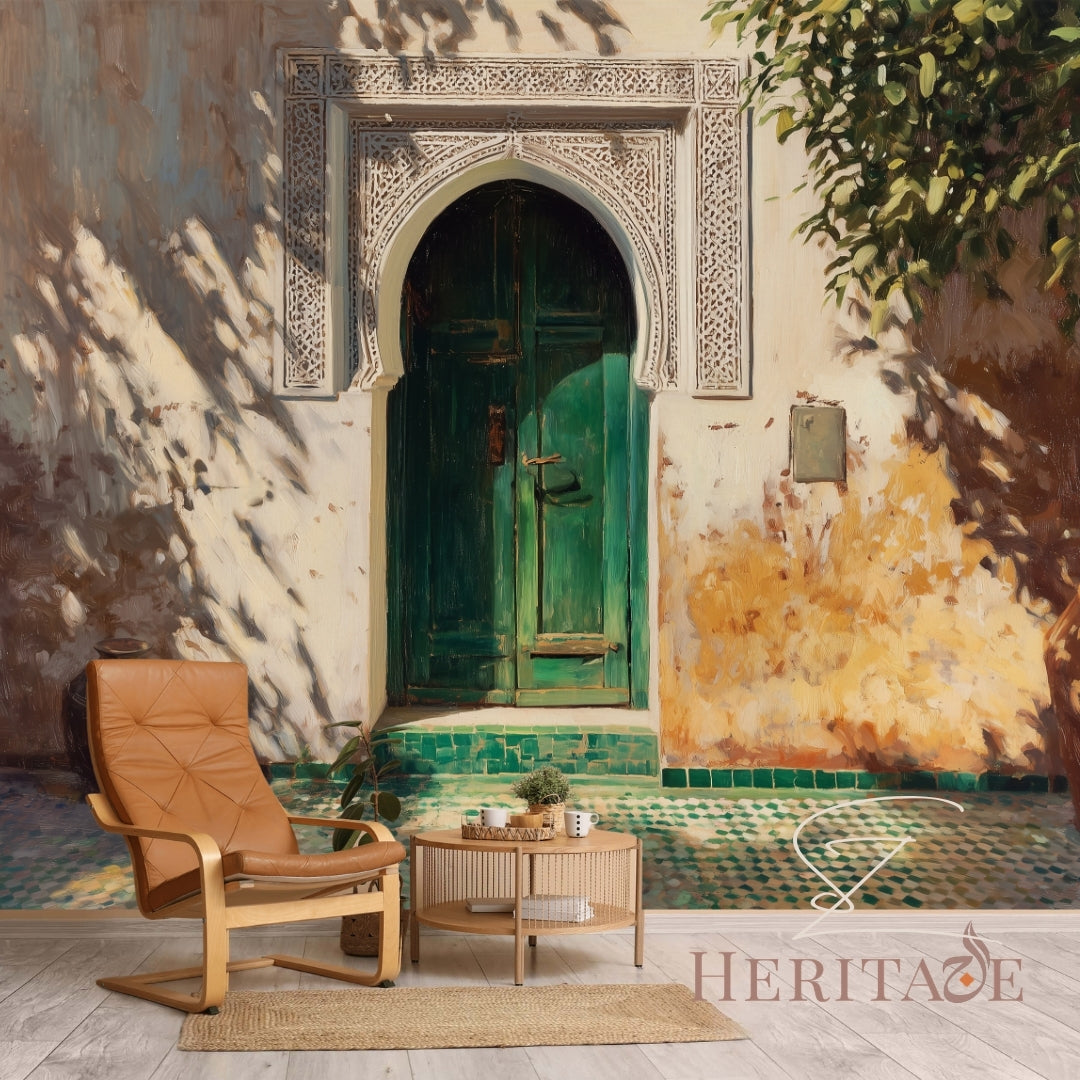 Moroccan Light Door Wall Mural | Green Archway Marrakech Inspired Peel &amp; Stick Wallpaper | Islamic Architecture Wall Art | Statement Decor