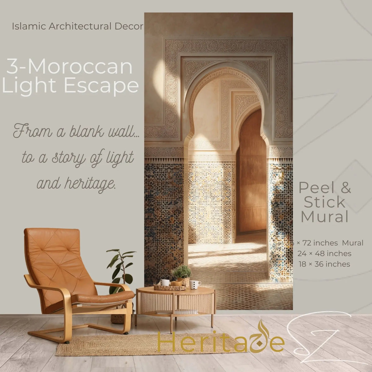 Moroccan Archway Wall Mural 36x72 - Sunlit Riad Peel &amp; Stick - SZHeritage