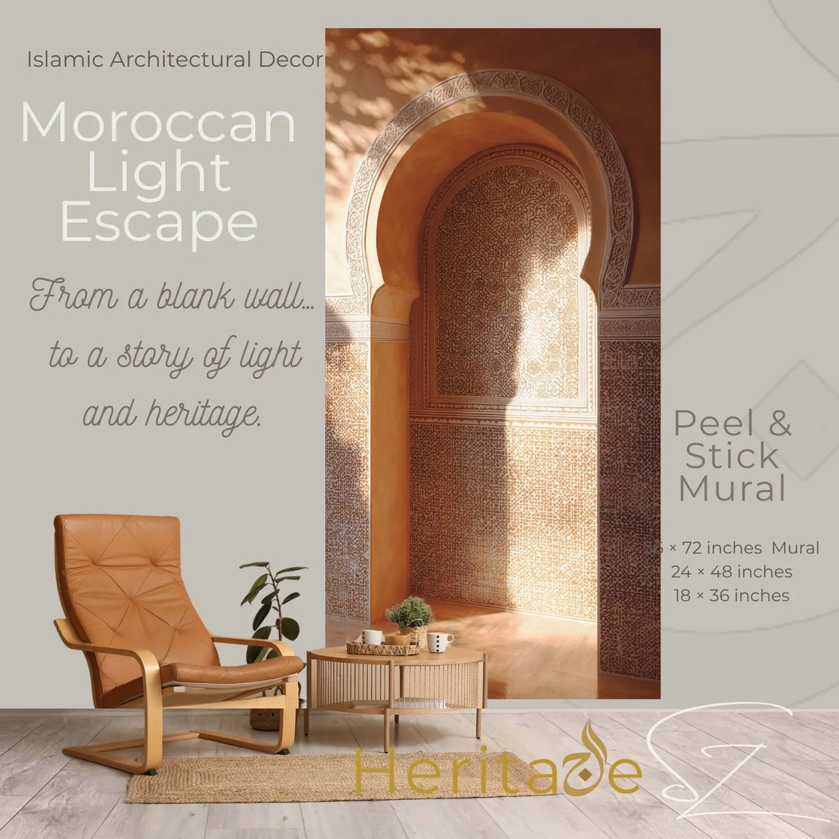 Moroccan Arch Wall Mural 36x72 – Sunlit Riad Niche with Carved Plaster &amp; Zellige Tile, Warm Terracotta Islamic Architecture Wall Decor Heritage