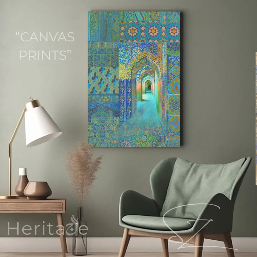 Blue &amp; Gold Islamic Archway Canvas - Mosque Mosaic Wall Art - SZHeritage