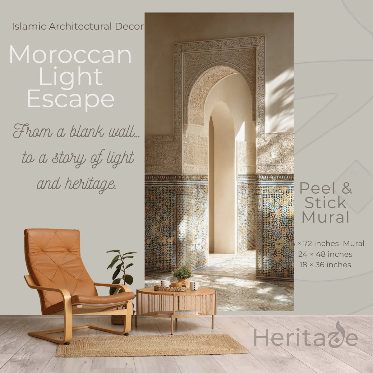 Morrocon Light Escape - Archway Wall Mural 36x72 – Sunlit Andalusian Riad Interior, Zellige Tile &amp; Carved Plaster Islamic Architecture, Neutral Beige Boho Wall Decor Heritage