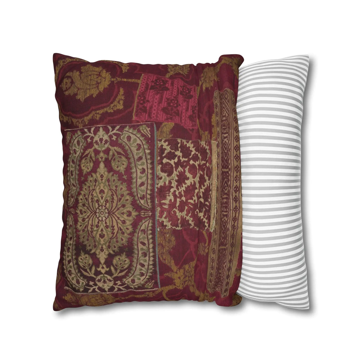 Vintage Bohemian Patchwork Cushion Cover – Throw Pillow – Burgundy &amp; Gold Floral Accent – Heritage Textile Home Decor – Eclectic Living Room Pillow Printify