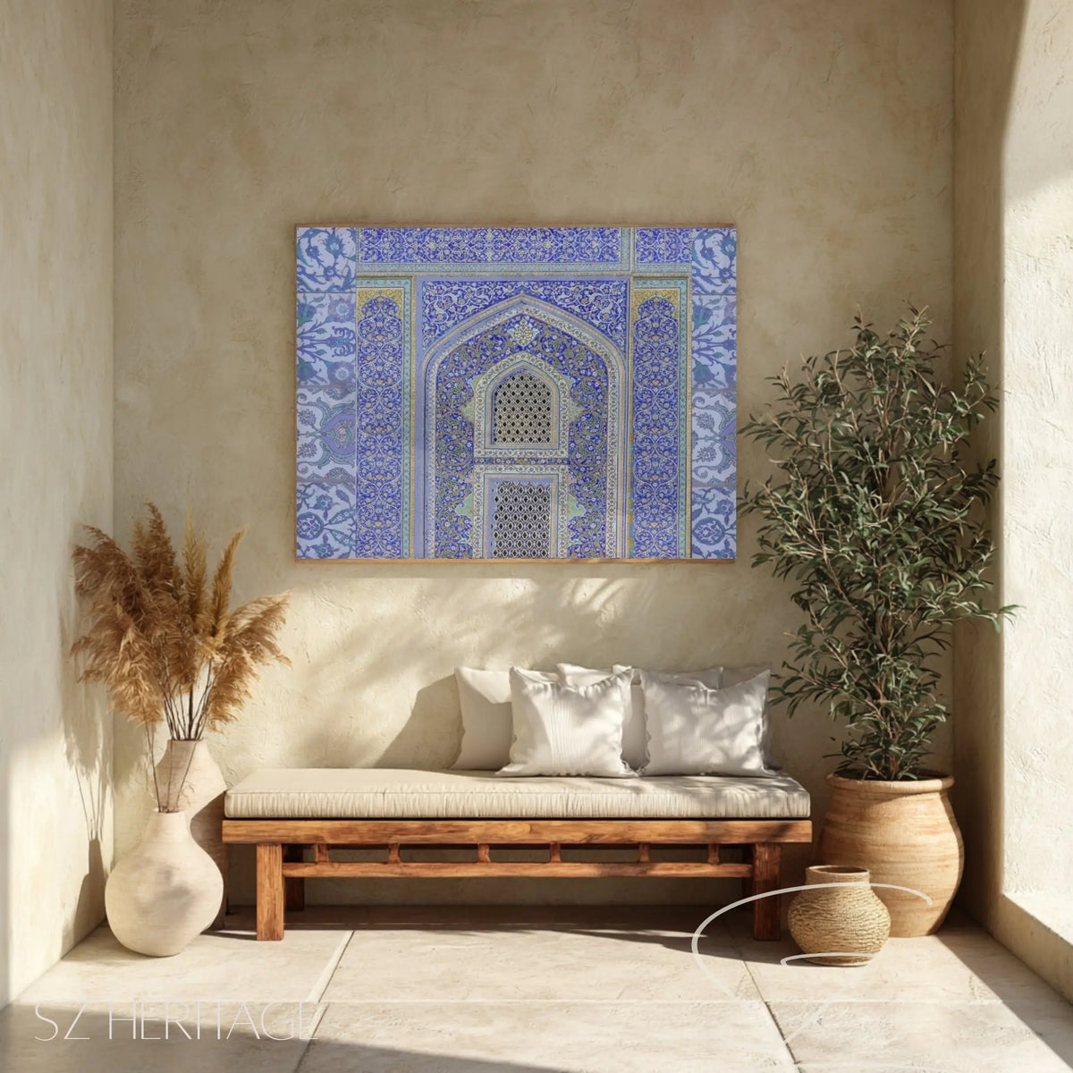 Blue Persian Tile Arch Canvas Art – Islamic Geometric Wall Decor – Persian Mosaic Archway Stretched Canvas Print Printify