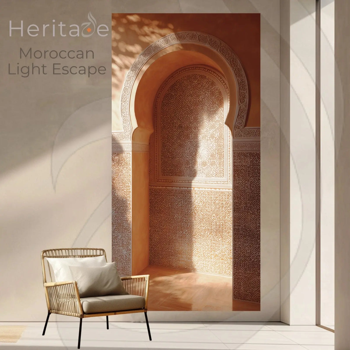 Moroccan Arch Wall Mural 36x72 – Sunlit Riad Niche with Carved Plaster &amp; Zellige Tile, Warm Terracotta Islamic Architecture Wall Decor Heritage