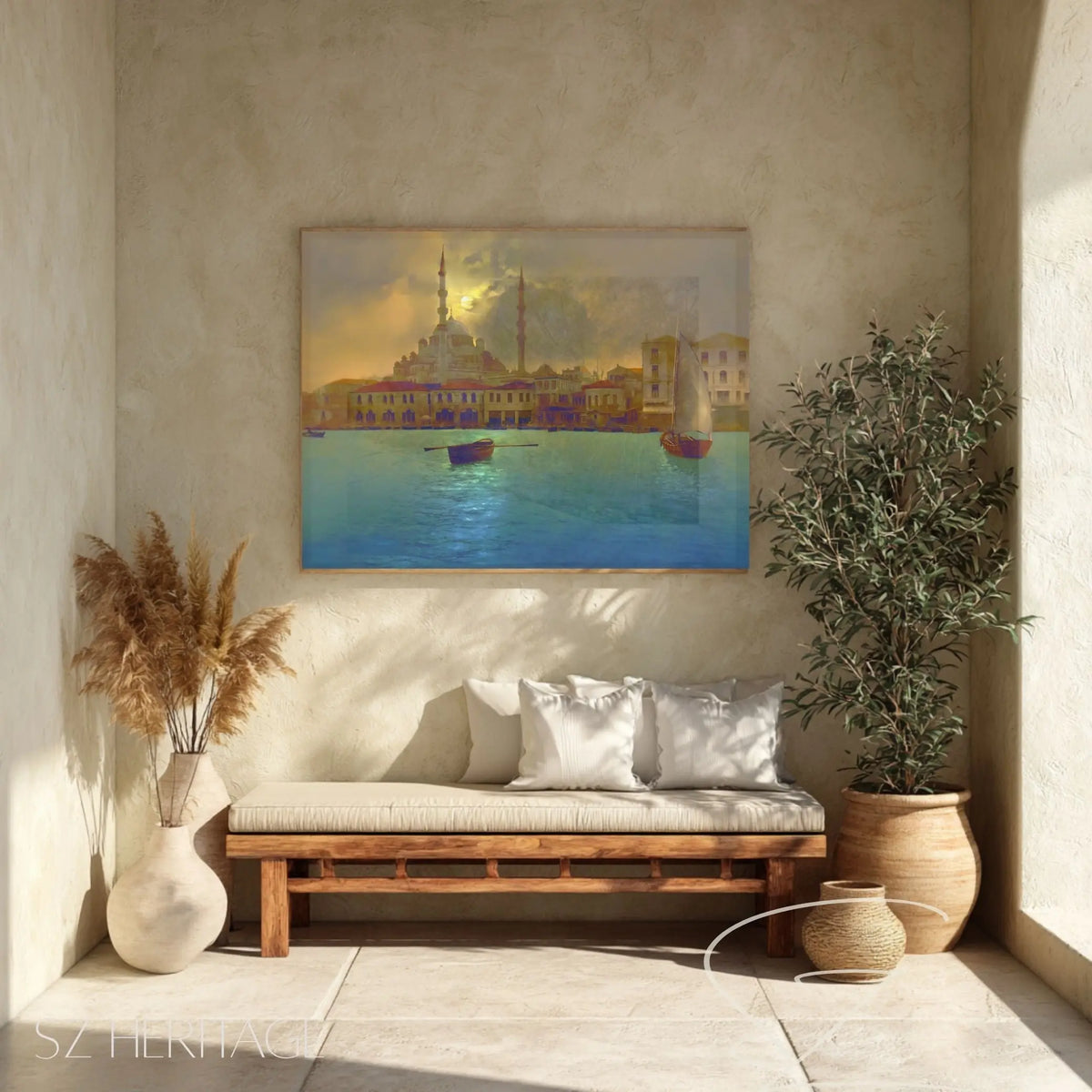 Istanbul Harbor Matte Canvas Print —Turkish Moonlight Mosque Seascape, Stretched Wall Art Printify