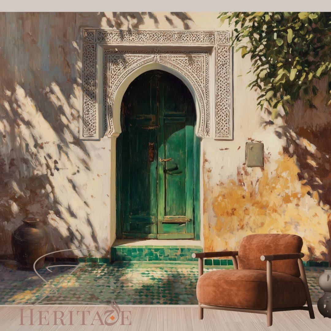 Moroccan Light Door Wall Mural | Green Archway Marrakech Inspired Peel &amp; Stick Wallpaper | Islamic Architecture Wall Art | Statement Decor