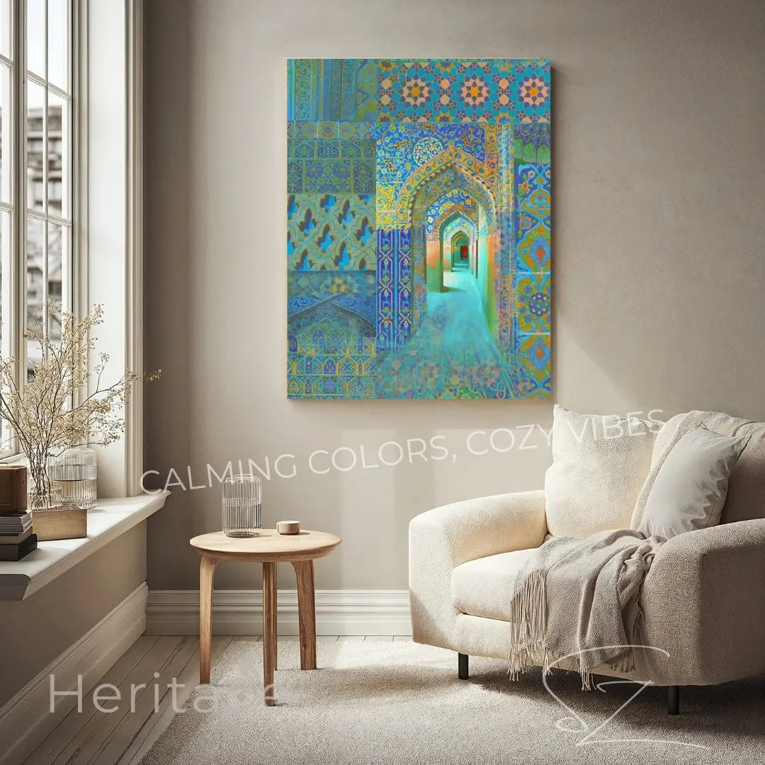 Blue &amp; Gold Islamic Archway Canvas - Mosque Mosaic Wall Art - SZHeritage