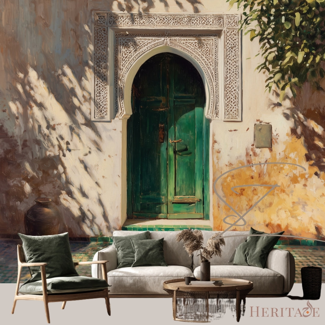 Moroccan Light Door Wall Mural | Green Archway Marrakech Inspired Peel &amp; Stick Wallpaper | Islamic Architecture Wall Art | Statement Decor