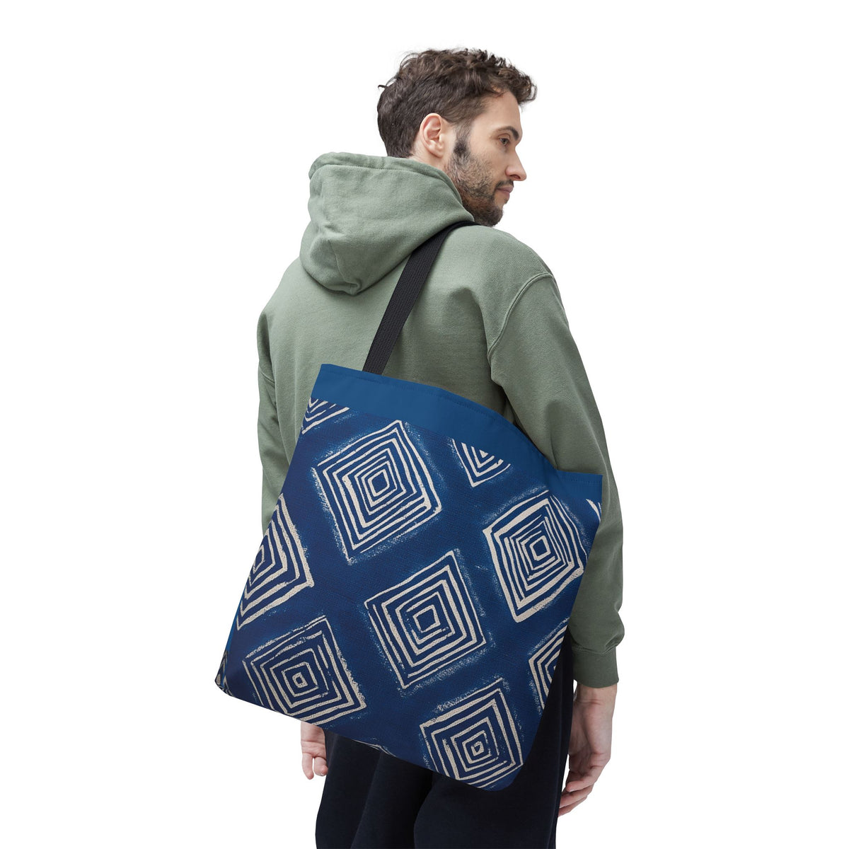Indigo Geometric Tote Bag – Hand-Dyed Shibori Design – Blue &amp; White Japanese Pattern Reusable Canvas Bag – Bohemian Artisan Shoulder Bag