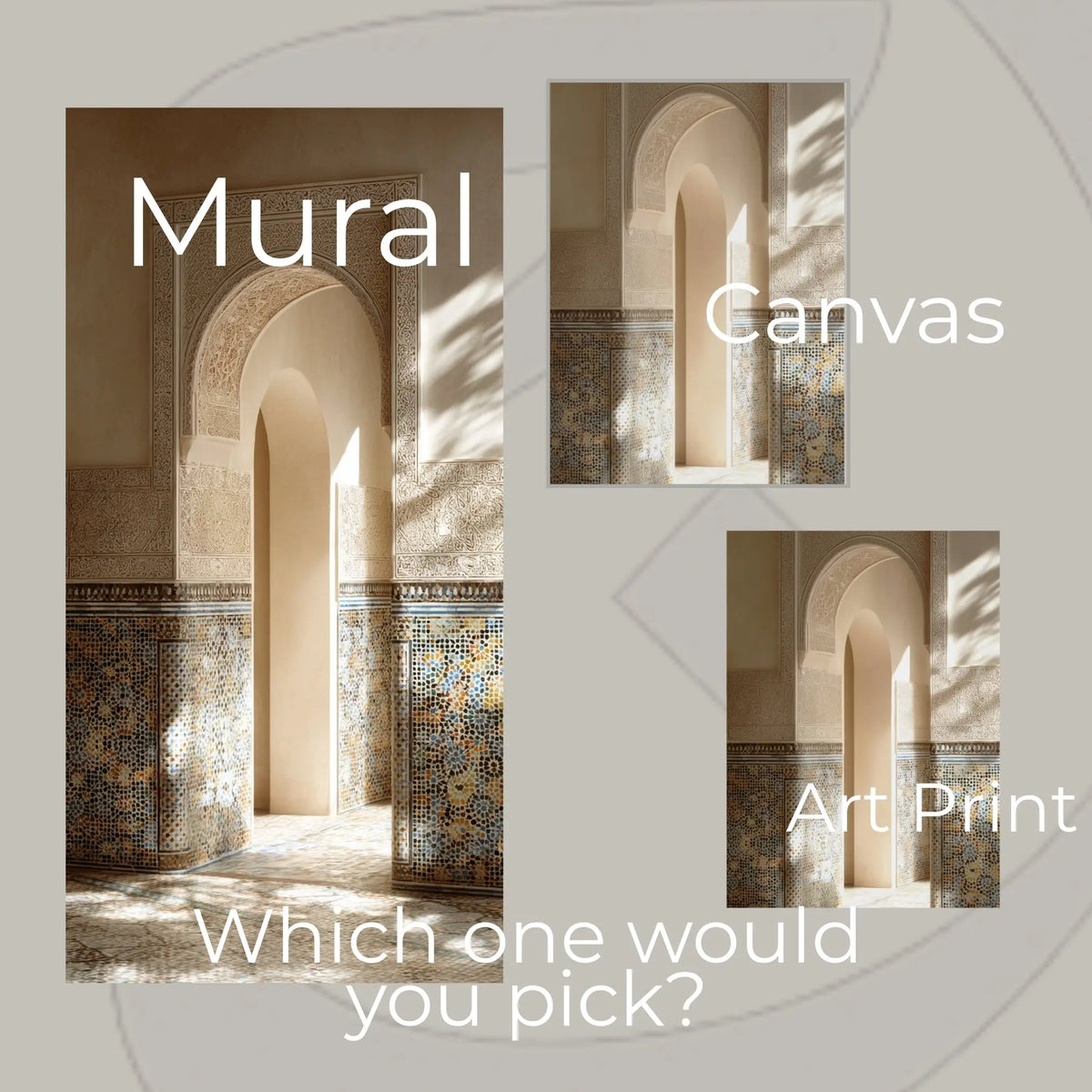 Morrocon Light Escape - Archway Wall Mural 36x72 – Sunlit Andalusian Riad Interior, Zellige Tile &amp; Carved Plaster Islamic Architecture, Neutral Beige Boho Wall Decor Heritage
