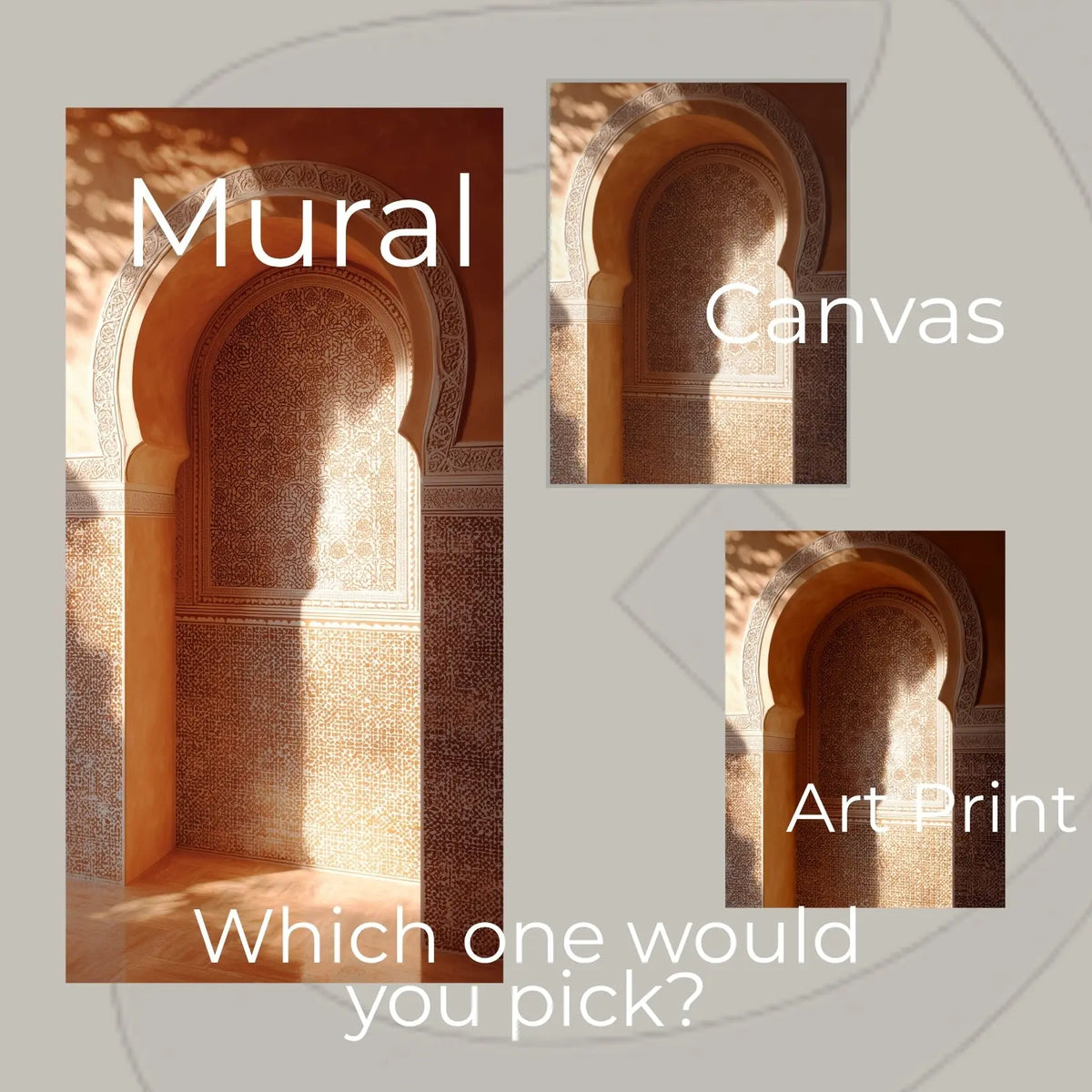 Moroccan Arch Wall Mural 36x72 – Sunlit Riad Niche with Carved Plaster &amp; Zellige Tile, Warm Terracotta Islamic Architecture Wall Decor Heritage