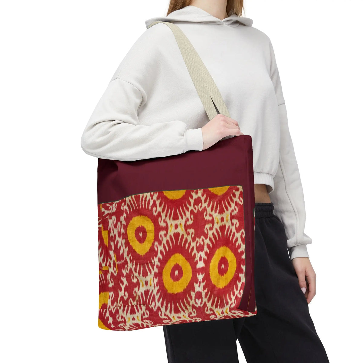  Ikat Sunset Tote Bag - Maroon Gold Bohemian Heritage Canvas Bag - SZHeritage