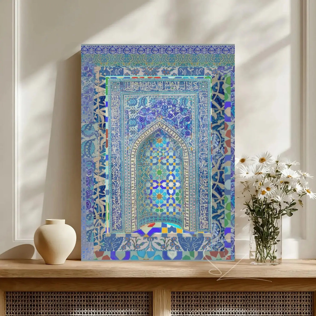 Islamic Tile Pattern Canvas Art – Blue Mosaic Archway Wall Decor – Moroccan Geometric Stretched Canvas Print Printify