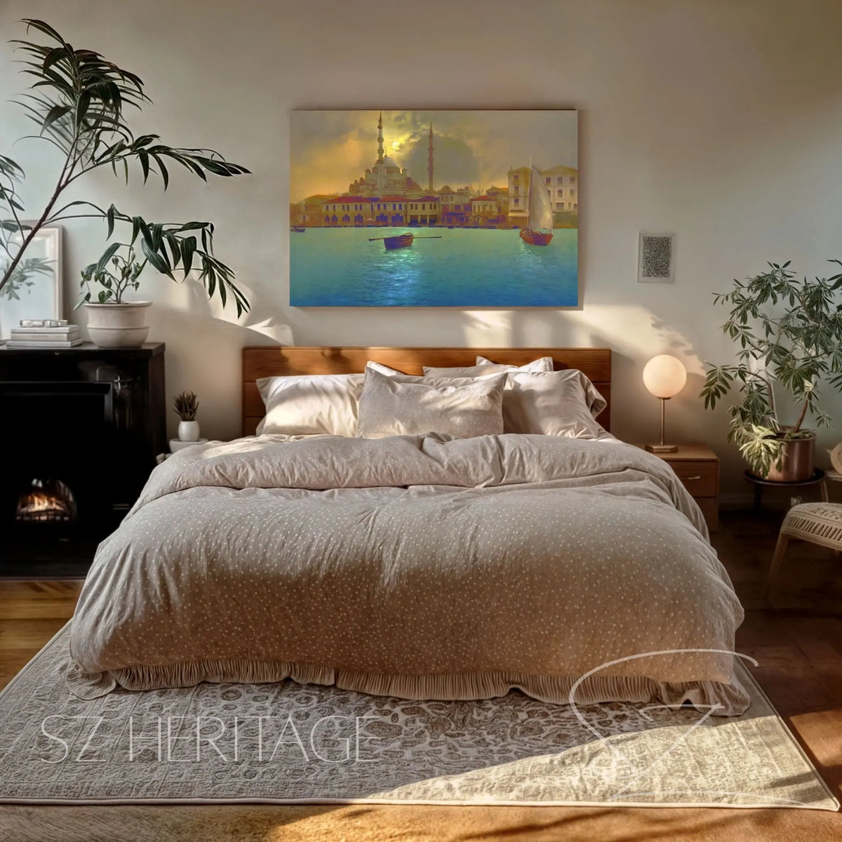 Istanbul Harbor Matte Canvas Print —Turkish Moonlight Mosque Seascape, Stretched Wall Art Printify