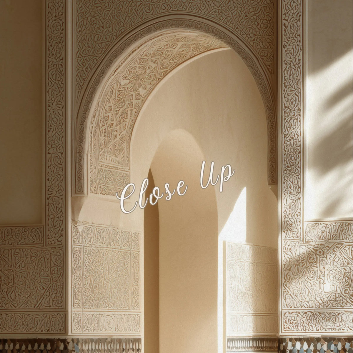 Morrocon Light Escape - Archway Wall Mural 36x72 – Sunlit Andalusian Riad Interior, Zellige Tile &amp; Carved Plaster Islamic Architecture, Neutral Beige Boho Wall Decor Heritage