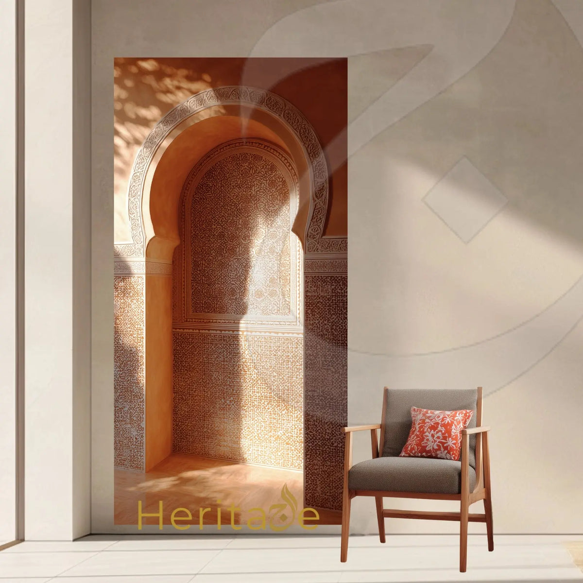 Moroccan Arch Wall Mural 36x72 – Sunlit Riad Niche with Carved Plaster &amp; Zellige Tile, Warm Terracotta Islamic Architecture Wall Decor Heritage