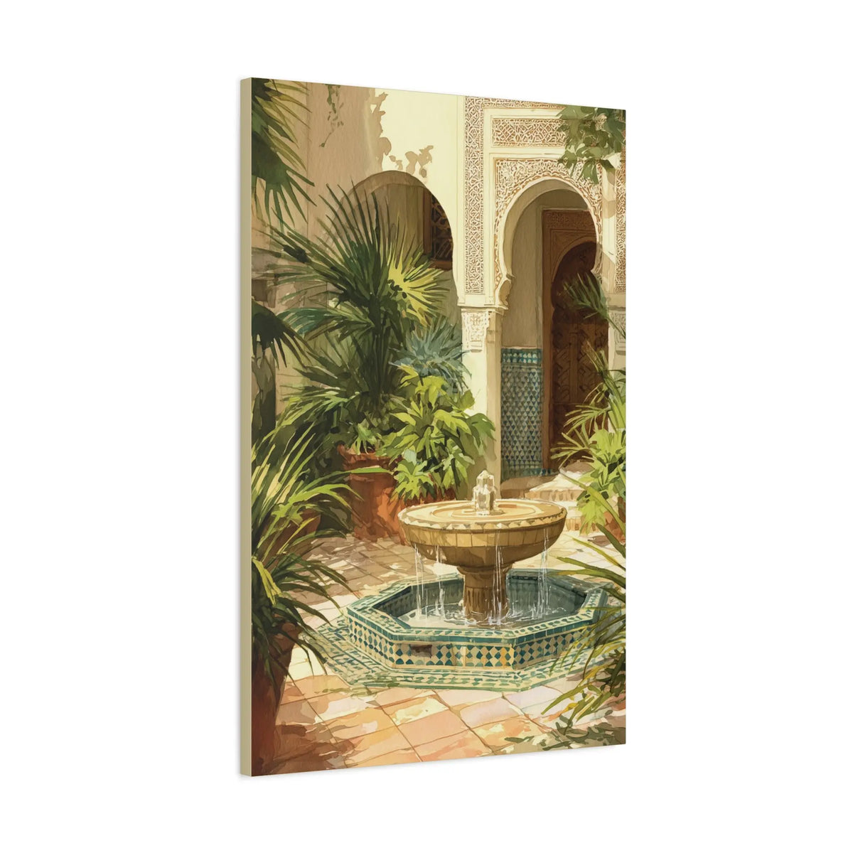 Moroccan Courtyard Fountain Canvas Art - Sunlit Riad Wall Decor - SZHeritage