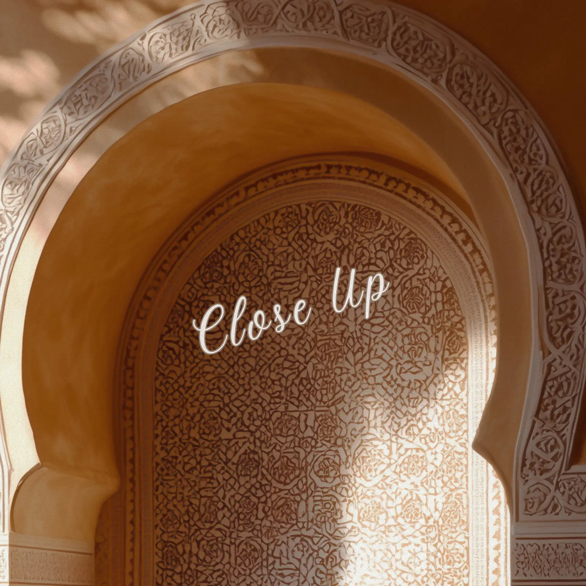 Moroccan Arch Wall Mural 36x72 – Sunlit Riad Niche with Carved Plaster &amp; Zellige Tile, Warm Terracotta Islamic Architecture Wall Decor Heritage