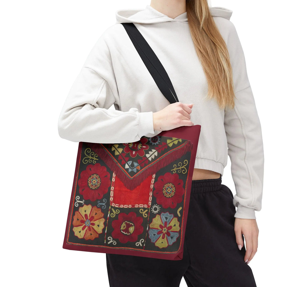 Deep Red  Floral Suzani Tote Bag – Vintage Ethnic Folk Art Print – Bohemian Artisan Shoulder Bag – Aesthetic Reusable Canvas of Tradition Printify