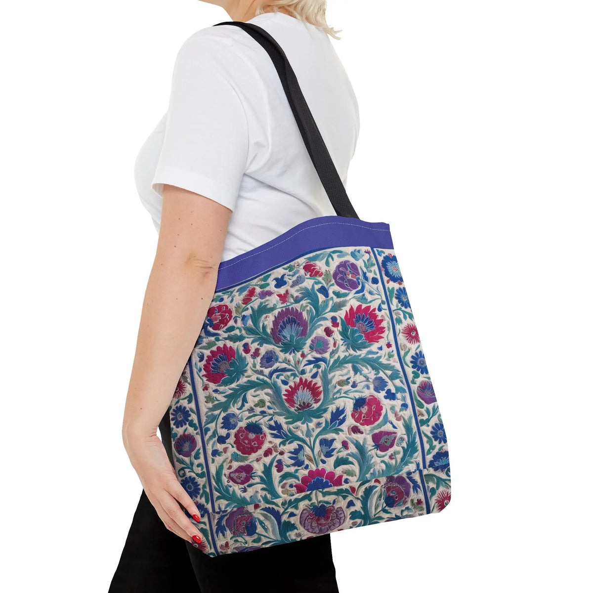 Floral Suzani Print Tote Bag – Vibrant Botanical Illustration – Periwinkle Purple Trim Aesthetic – Premium Reusable Shopping Bag A Canvas of Blooming Heritage Printify