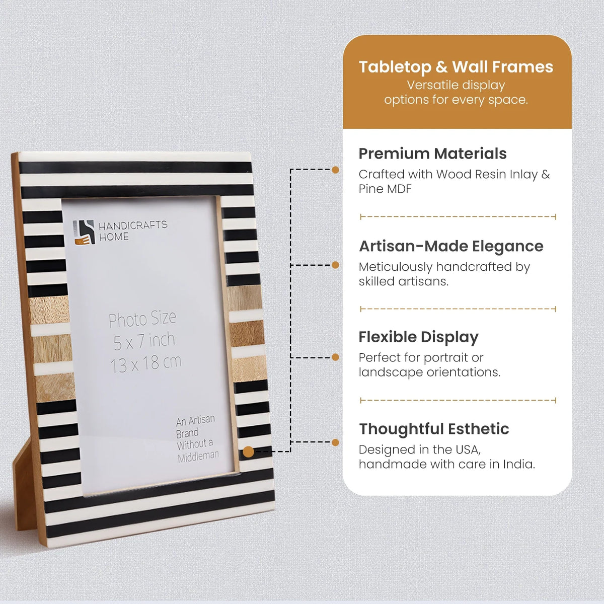 Picture Frame Stripewood Collection Wood &amp; Resin Inlay Black &amp; White – 4x6 &amp; 5x7"