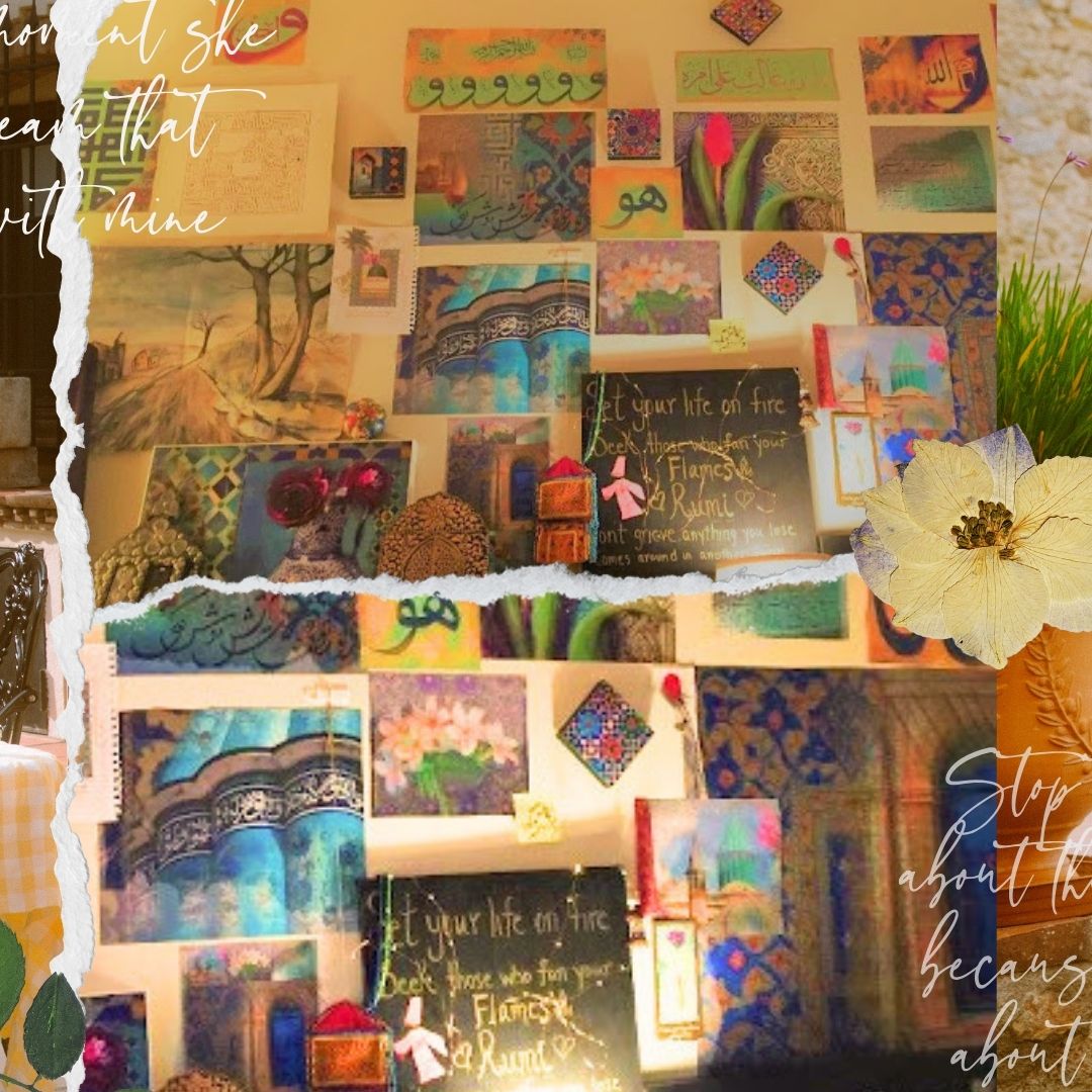Collage of various images and text on a wooden board with decorative elements.