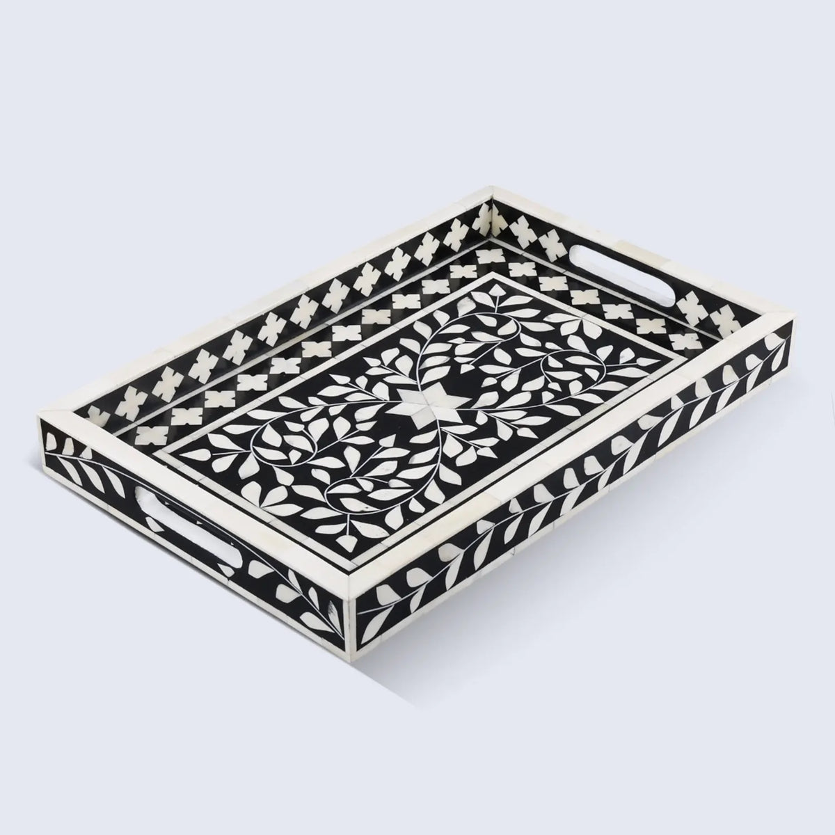 Decorative Tray Alhambra Negra Black White Bone &amp; Resin Inlay – 11" x 17", 12" x 12"