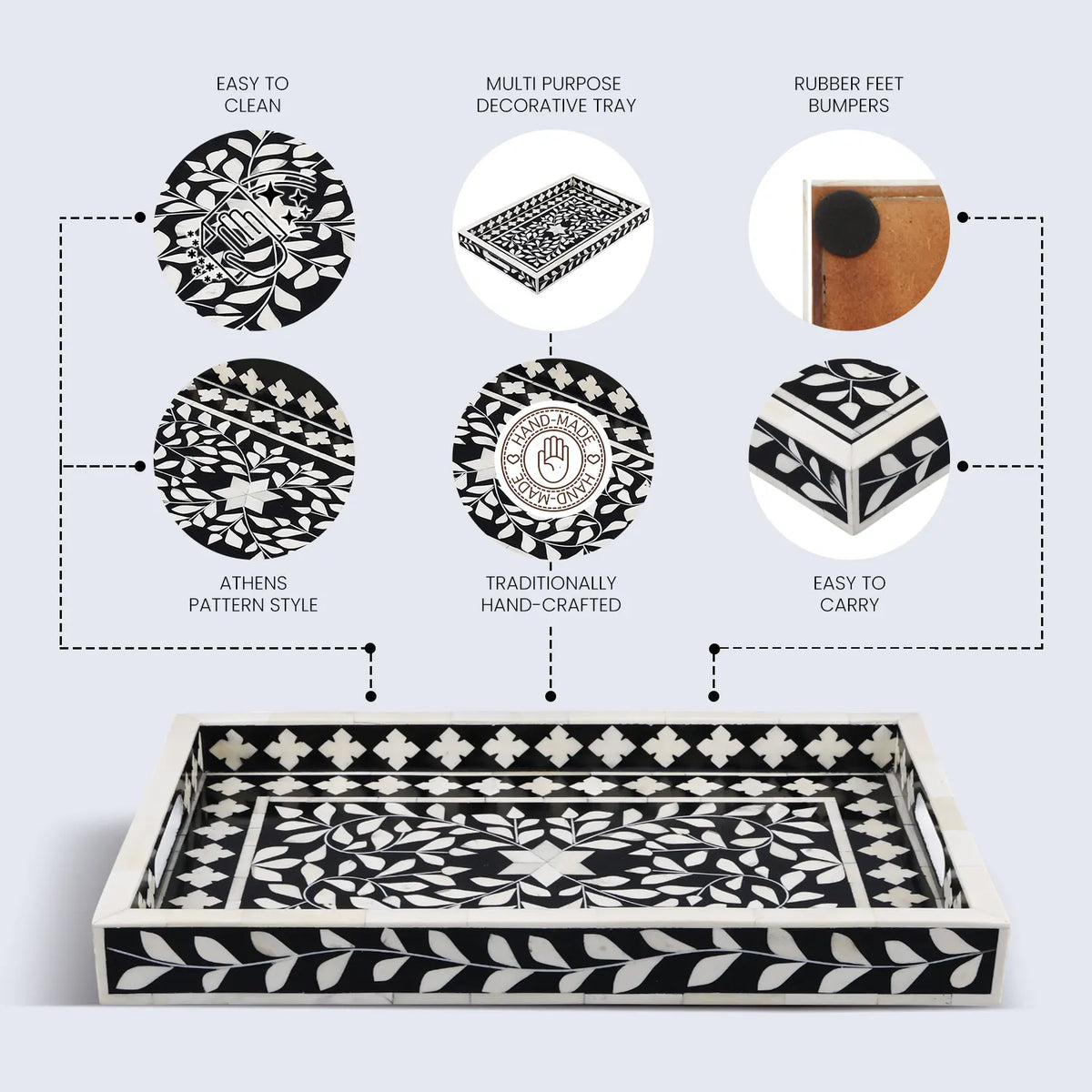 Decorative Tray Alhambra Negra Black White Bone &amp; Resin Inlay – 11" x 17", 12" x 12"