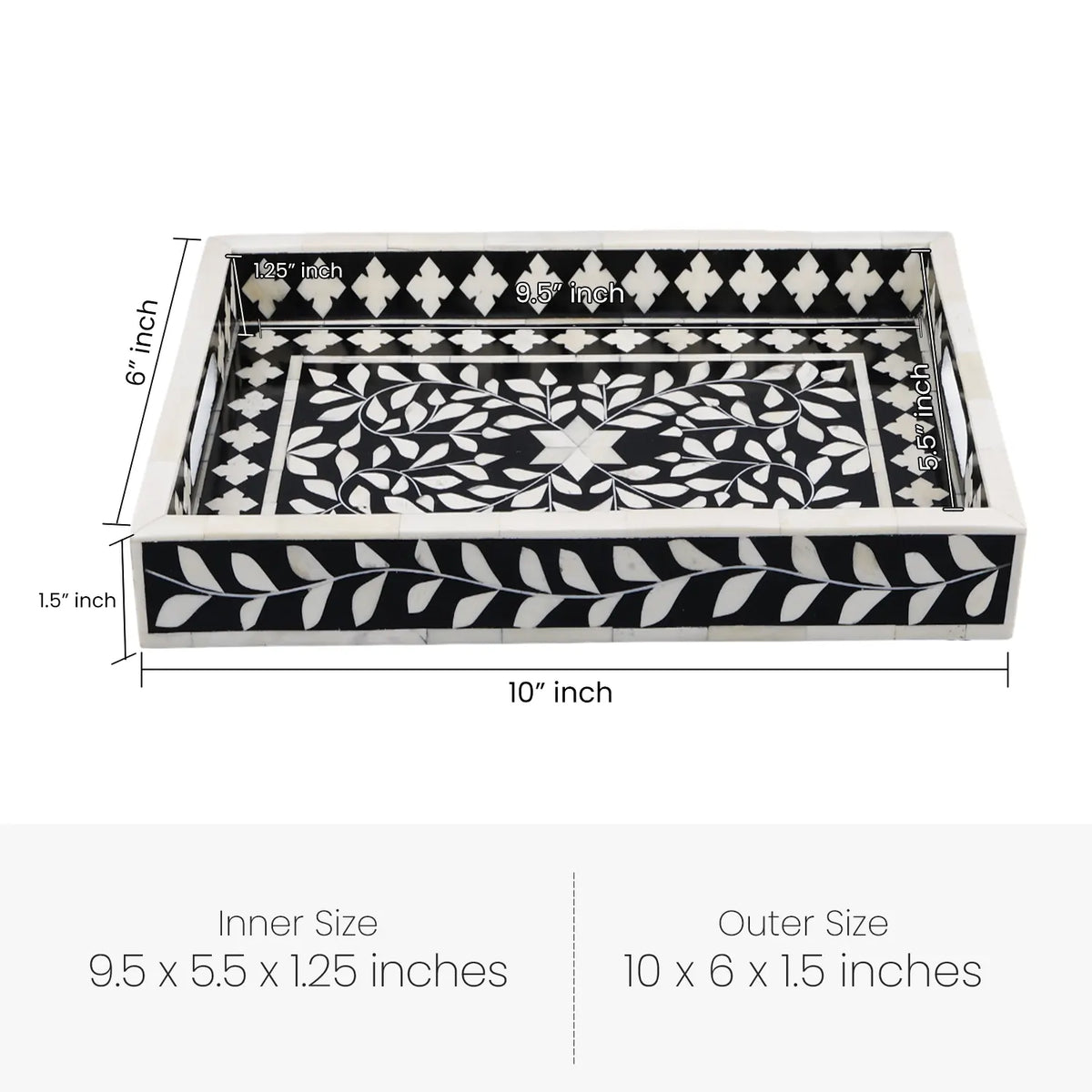 Decorative Tray Alhambra Negra Black White Bone &amp; Resin Inlay – 11" x 17", 12" x 12"