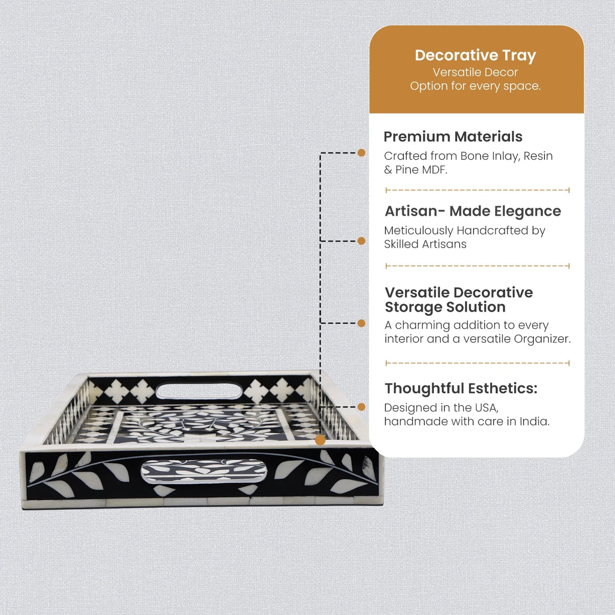 Decorative Tray Alhambra Negra Black White Bone &amp; Resin Inlay – 11" x 17", 12" x 12"