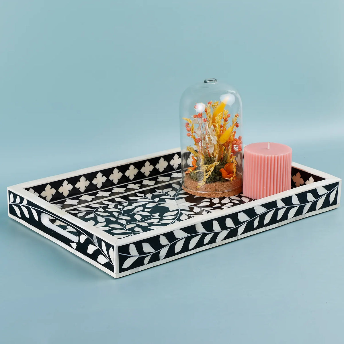 Decorative Tray Alhambra Negra Black White Bone &amp; Resin Inlay – 11" x 17", 12" x 12"