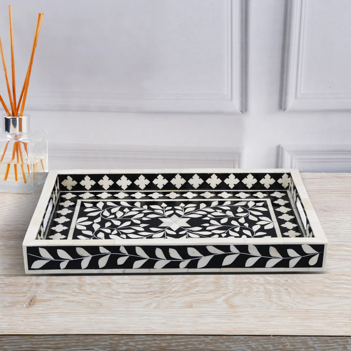 Decorative Tray Alhambra Negra Black White Bone &amp; Resin Inlay – 11" x 17", 12" x 12"