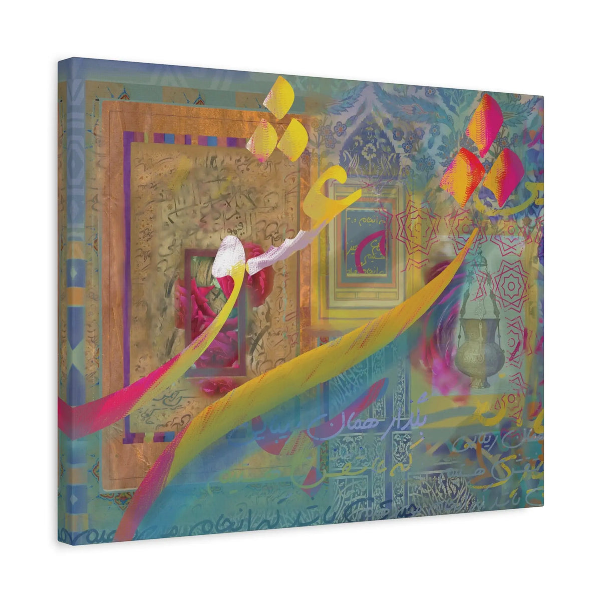  A gallery-wrapped canvas print featuring modern abstract Persian calligraphy and Farsi script in a contemporary rhythmic composition, displayed in a high-end interior setting.