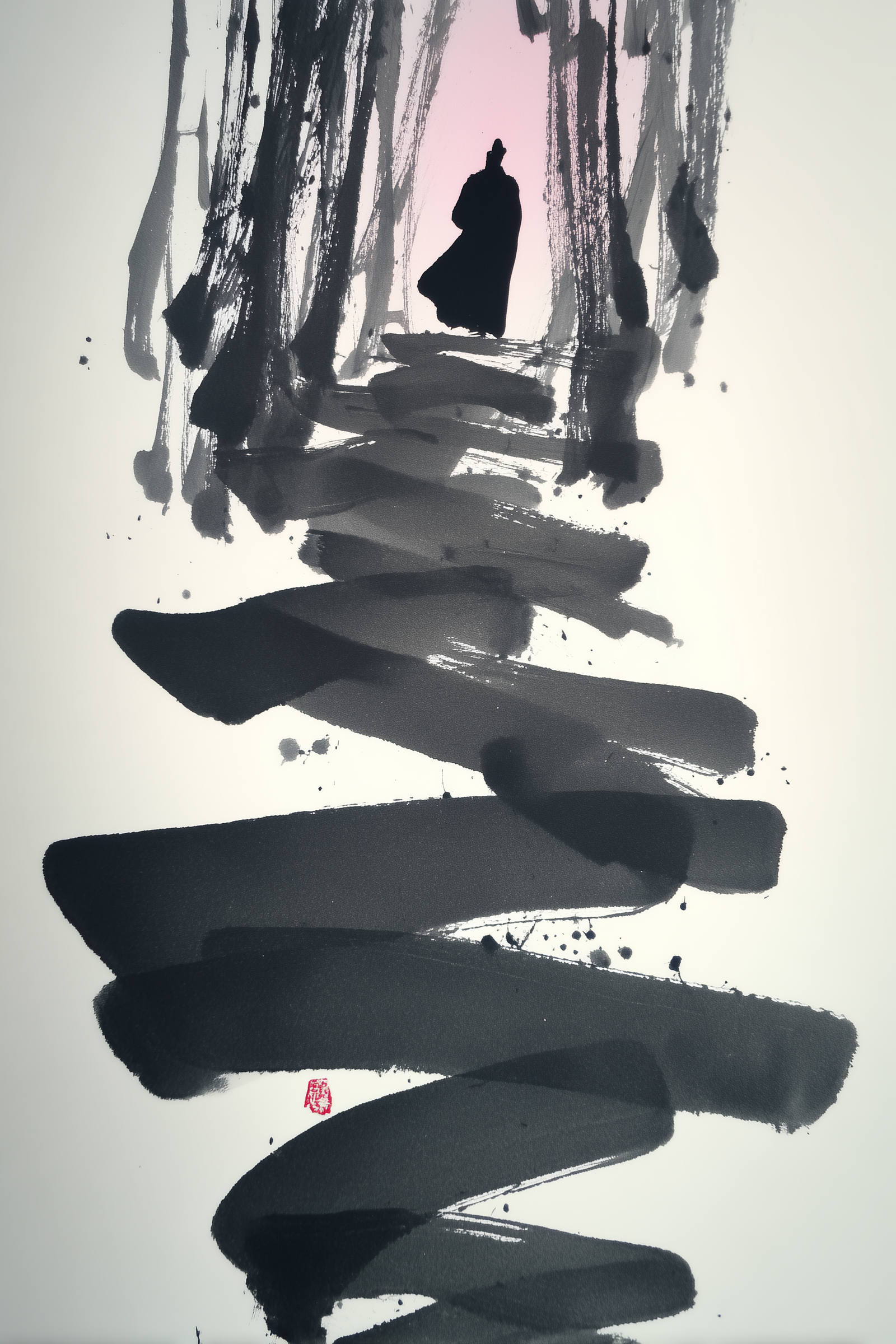 Artistic depiction of a figure walking through a forest with stylized brush strokes.