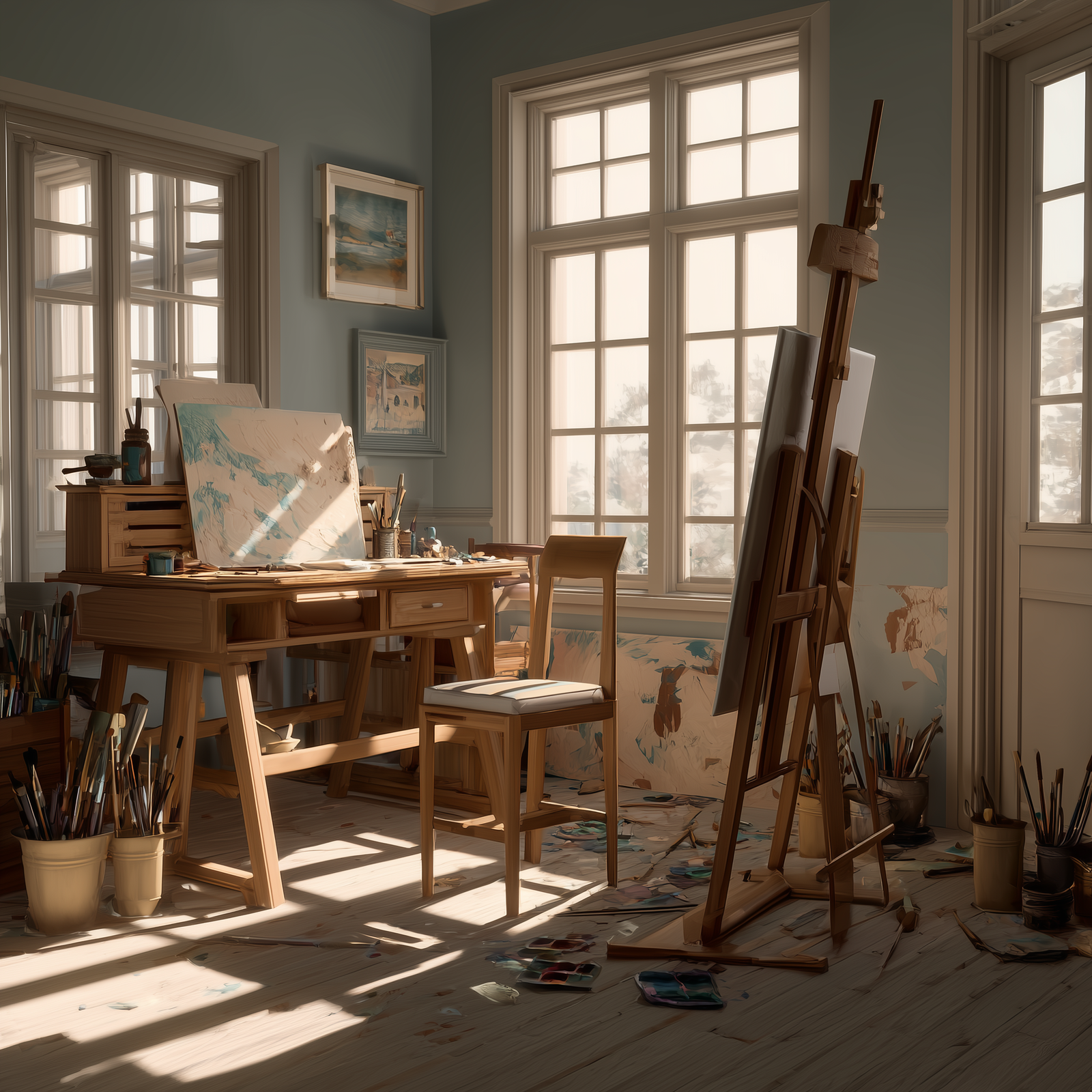 Art studio with painting equipment, easel, and artwork on a wooden desk.