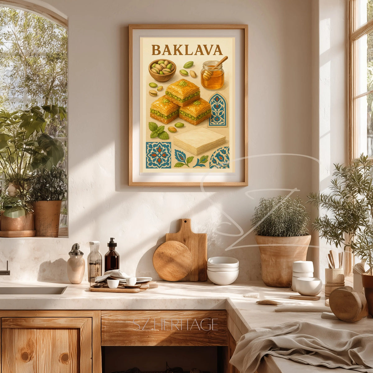 Vertical museum-quality matte art print of "Baklava" in traditional script and English, featuring a retro design with a warm golden-brown and pistachio-green color palette.