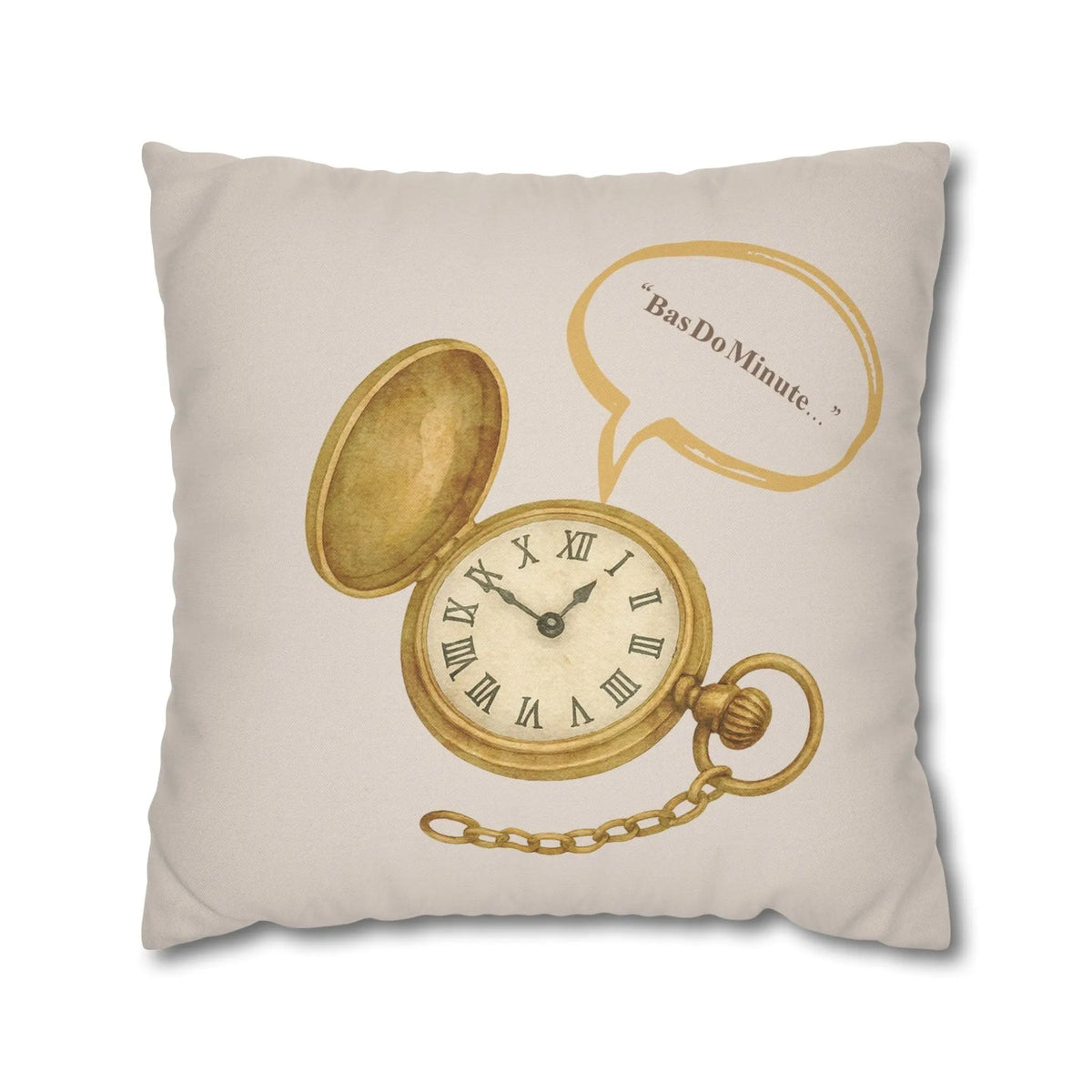 A square cushion cover featuring the humorous Desi phrase "Bas Dou Minute" in bold typography, ideal for South Asian cultural home decor and funny gift ideas.