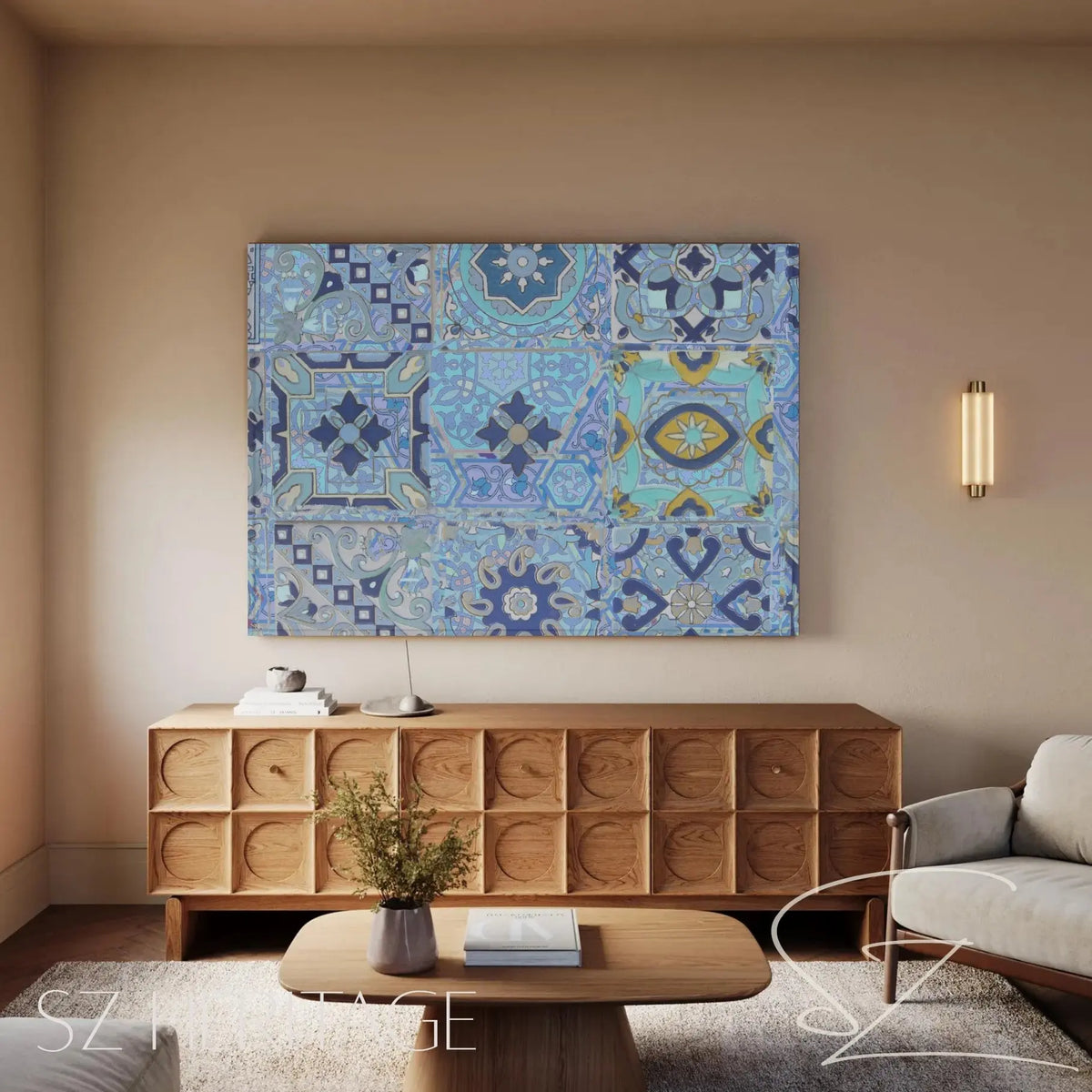 A high-quality stretched canvas print featuring a vibrant blue and white Portuguese Azulejo tile pattern in a Mediterranean mosaic style, perfect for coastal-themed wall decor.