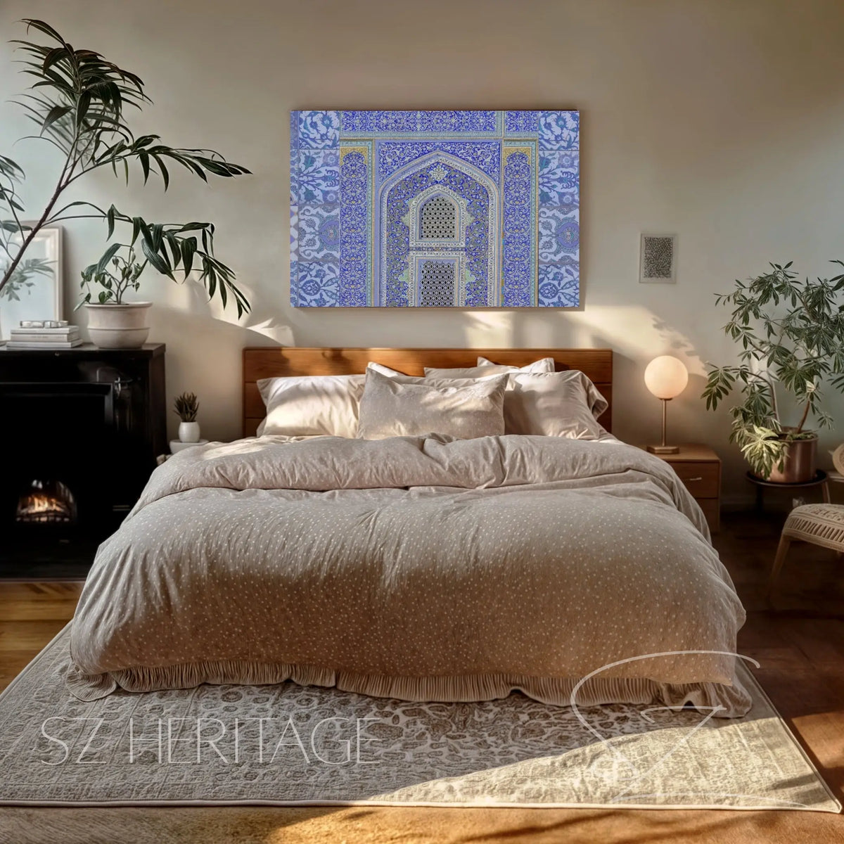 A premium stretched canvas art piece featuring a traditional Blue Persian Tile Arch with intricate Islamic geometric mosaics and floral vine patterns, hand-wrapped for a gallery-quality finish.