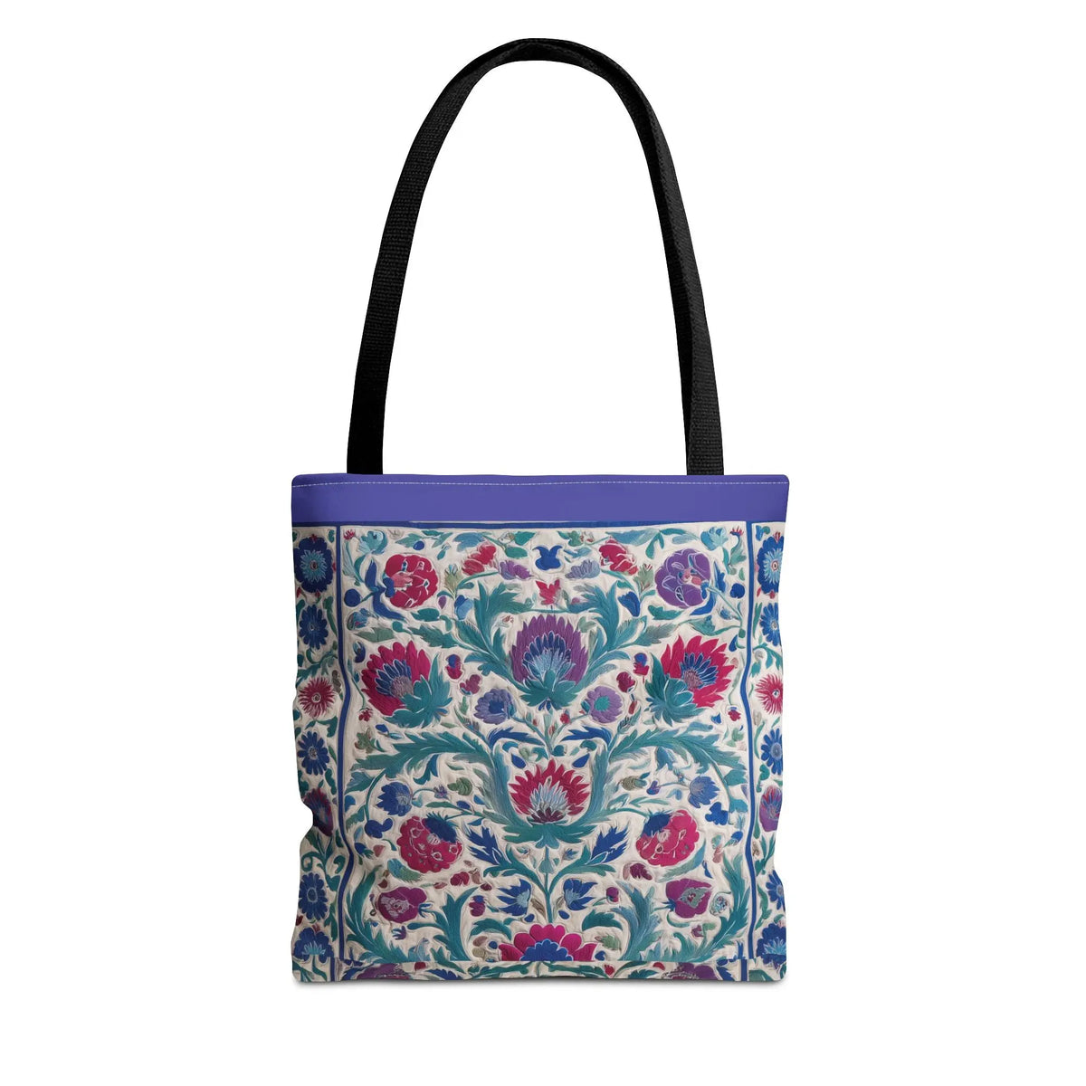 Floral Suzani tote bag with blue and pink botanical pattern and purple top border on a white background.
