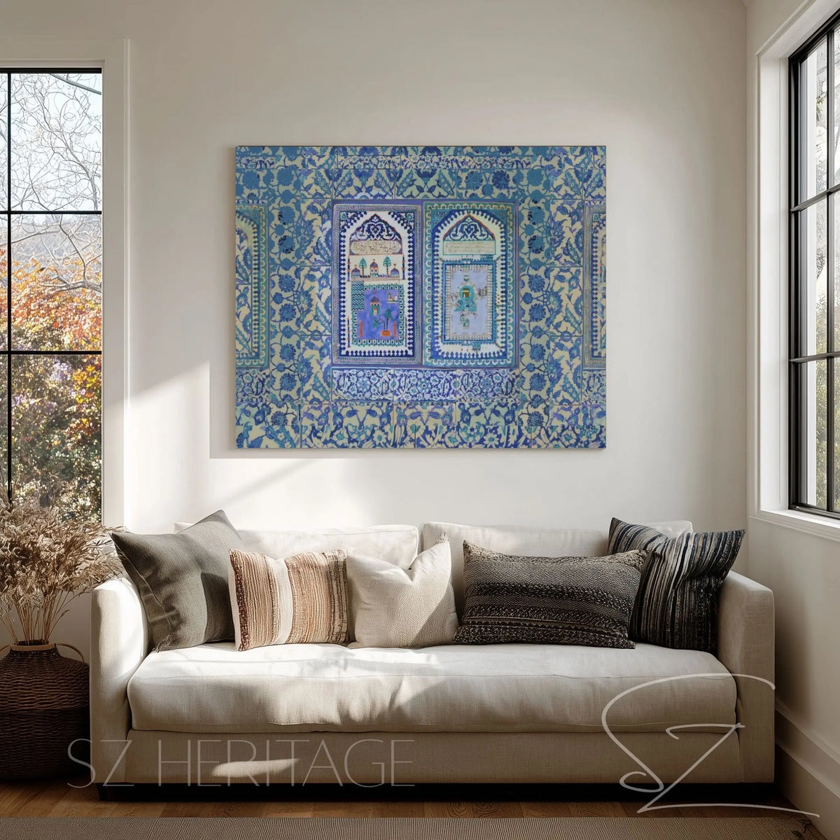 An intricate Ottoman Iznik art print featuring traditional Turkish tile patterns inspired by the sacred beauty of Madinah and Makkah, showcasing vibrant floral motifs and classic blue and white ceramic aesthetics.