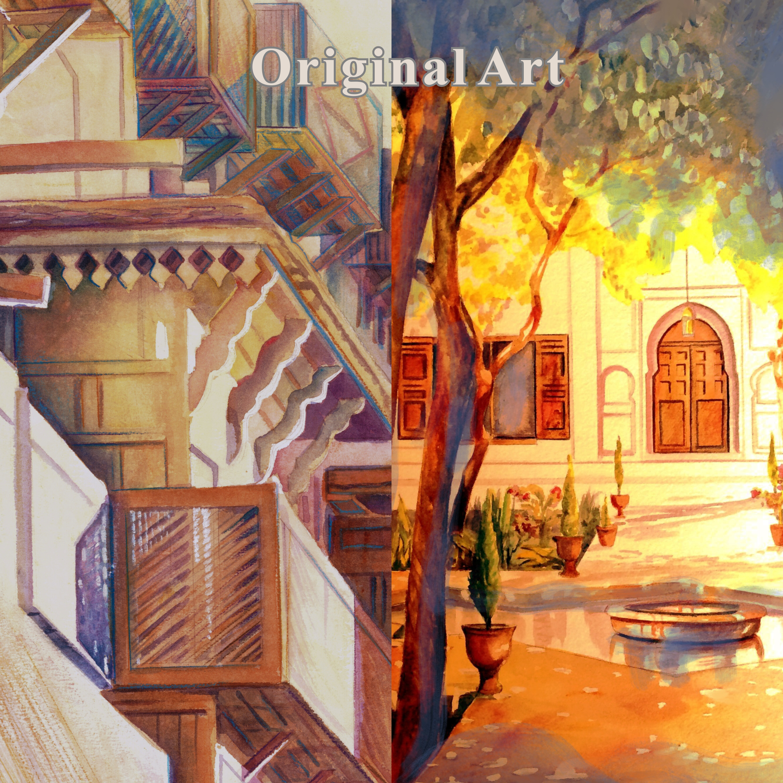 Split image showing a detailed architectural scene on the left and a garden scene with trees and buildings on the right, labeled 'Original Art'.