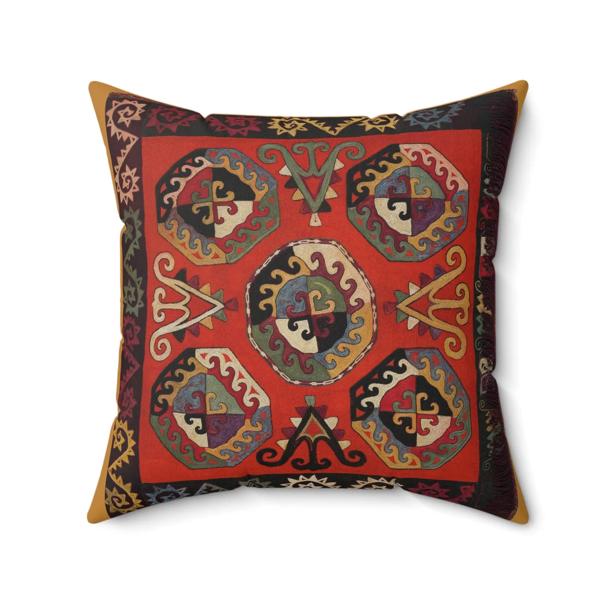 Suzani Sunshine Faux Suede Cushion - Boho Orange Heritage Throw Pillow - SZHeritage