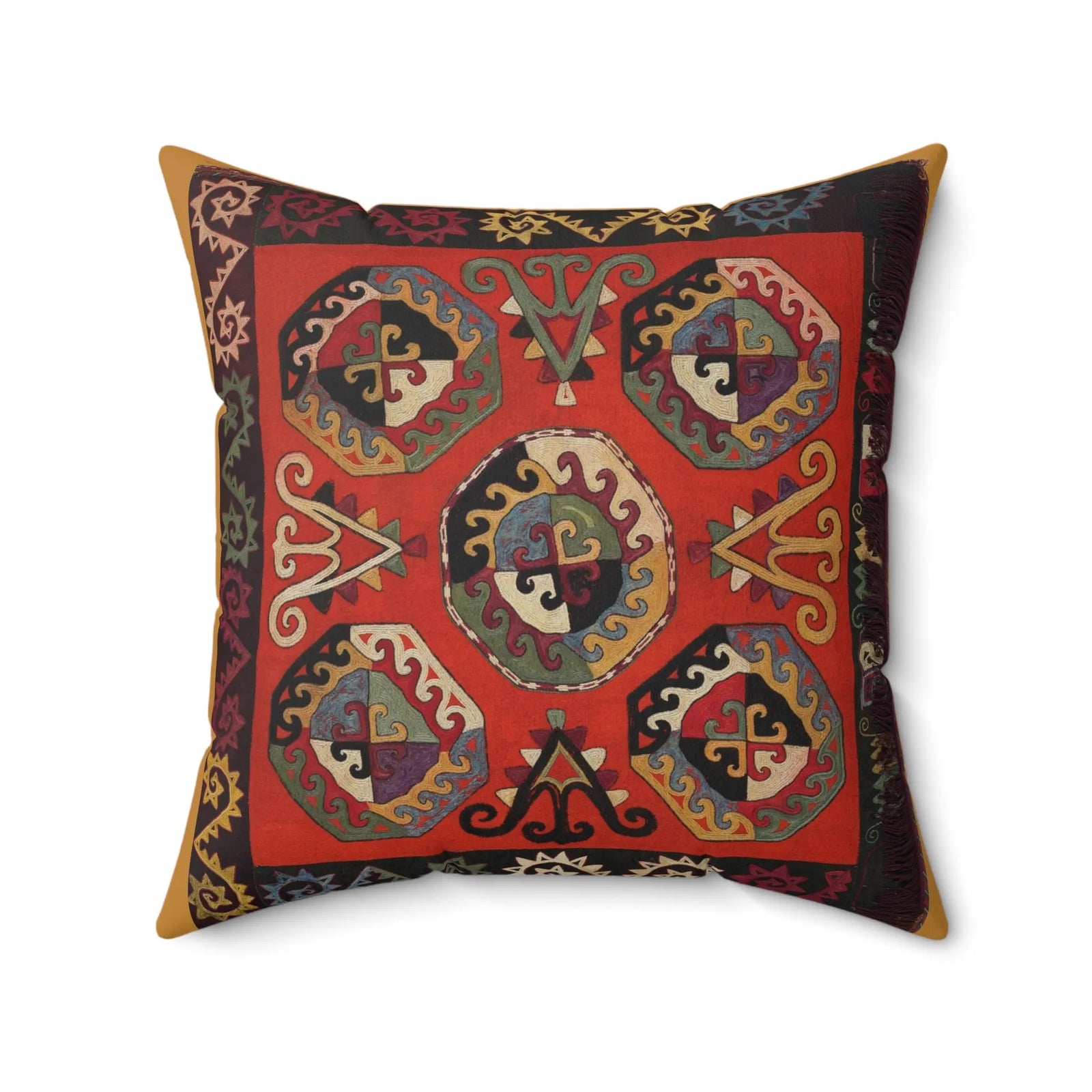 Suzani Sunshine Faux Suede Cushion - Boho Orange Heritage Throw Pillow - SZHeritage
