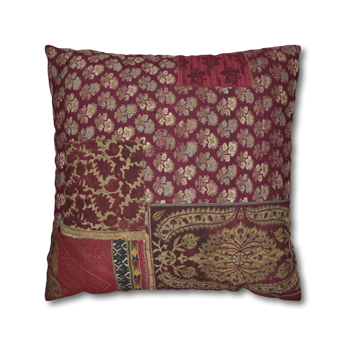Vintage Patchwork Cushion Cover - Burgundy Gold Boho Throw Pillow - SZHeritage